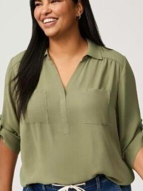 NWT Torrid Harper Pullover Blouse Olive Green Roll Tab Sleeve Top Size 2X